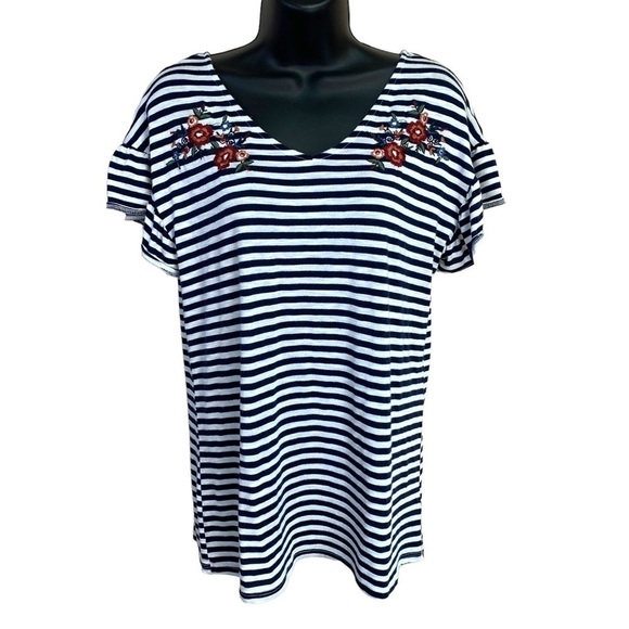 M Blue White Striped Floral Embroidered Short Sleeve Top Medium 8 10 Stretch - Picture 1 of 8